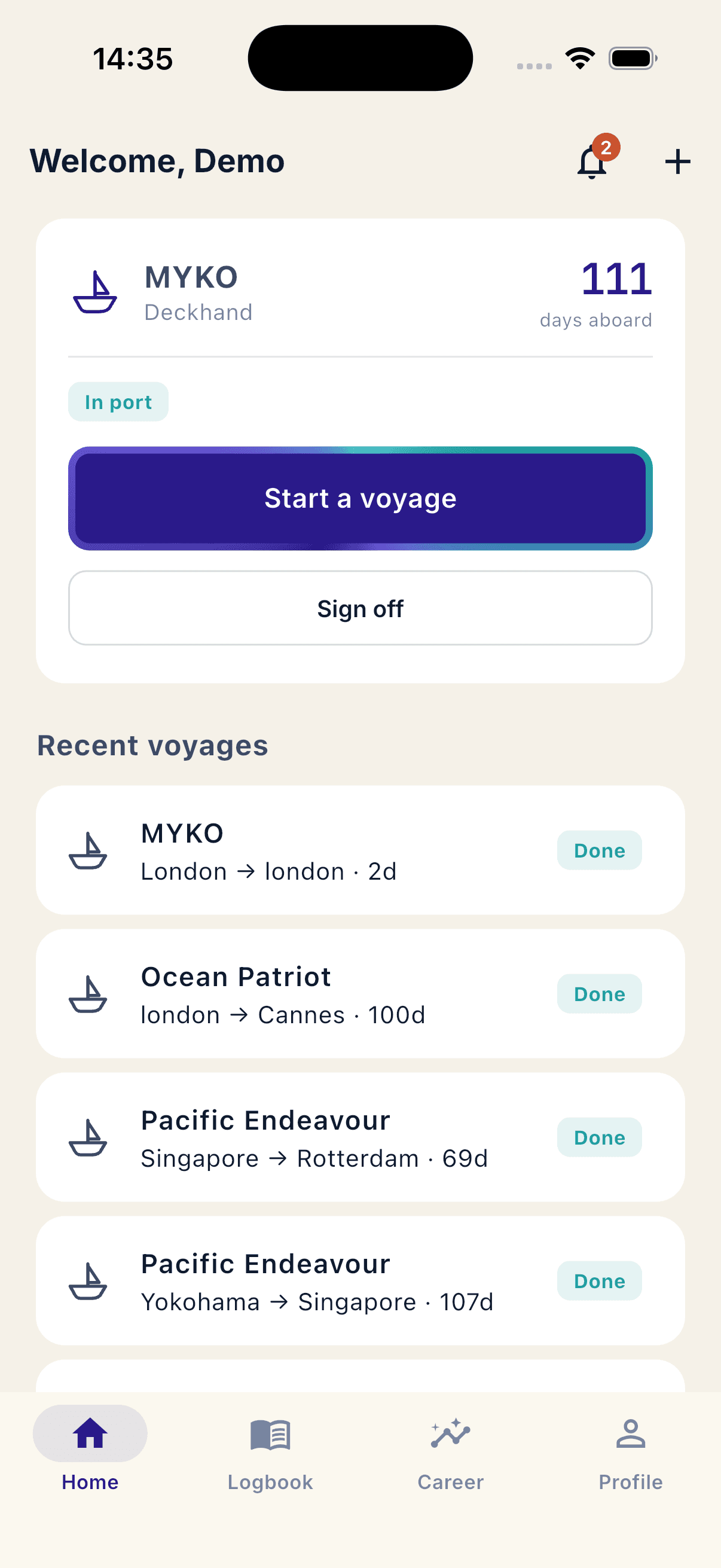 Bridgedeck Logbook — home with current vessel and recent voyages